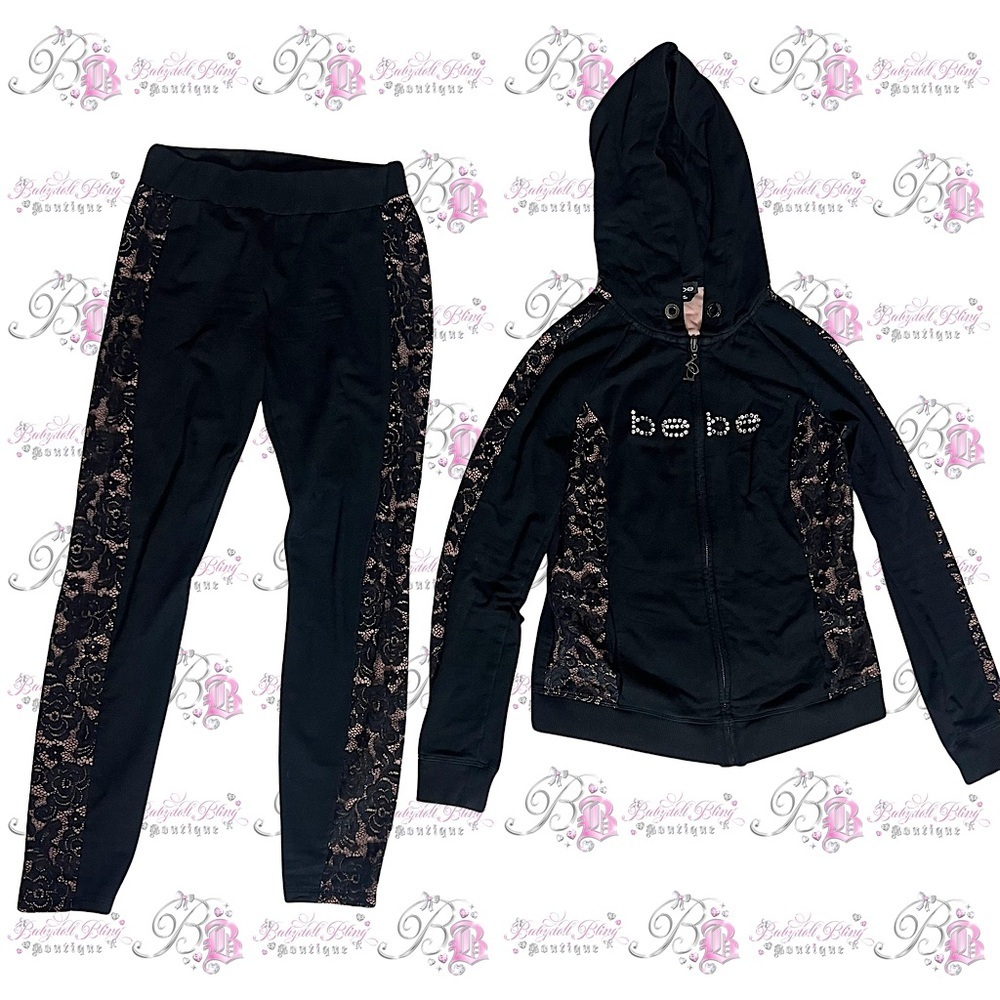 Bebe set 2 piece sweater and pants bling rhinestone diamonds black tan lace